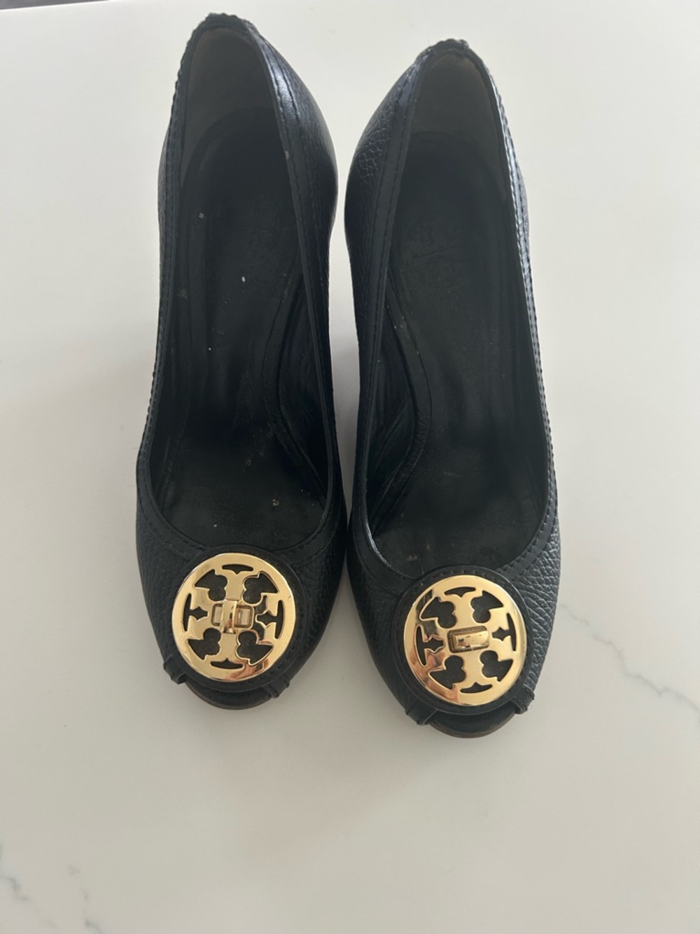 Tory Burch Black Leather Wedge Ballet Flats with Gold Logo